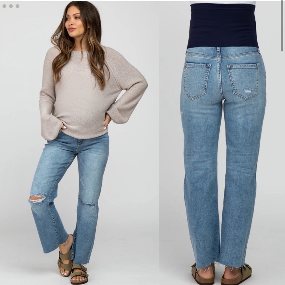 Pinkblush Medium Wash Ripped Knees Straight Leg RawHem Maternity Jeans